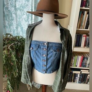 jean button western strapless crop top